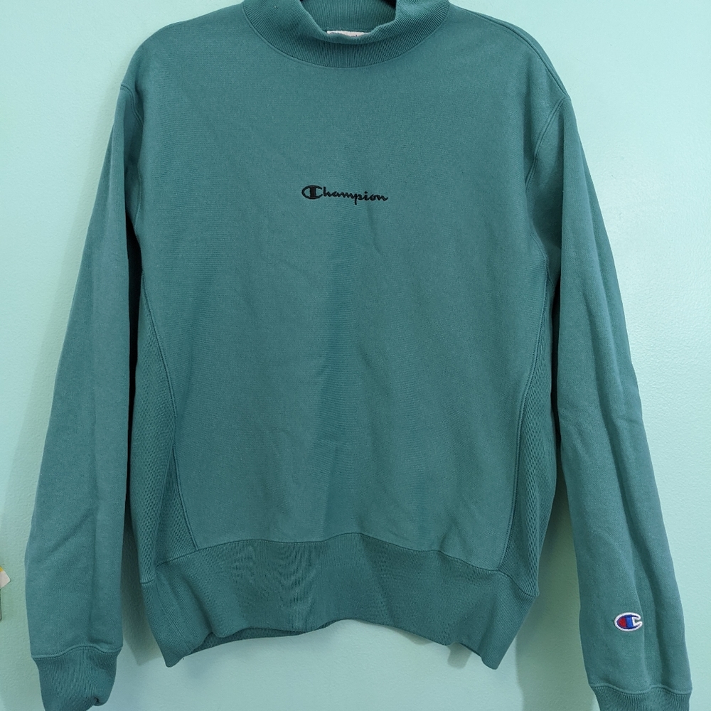 Vintage Champion Center Logo Turtleneck Mock Neck Sweatshirt Reverse Weave Med